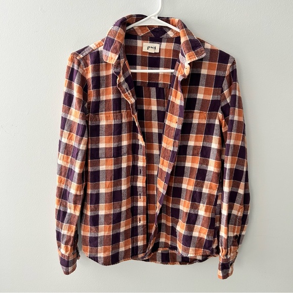 Pact Orange, Purple and White Plaid Button Down Flannel Top Size Small Cotton - Picture 1 of 10